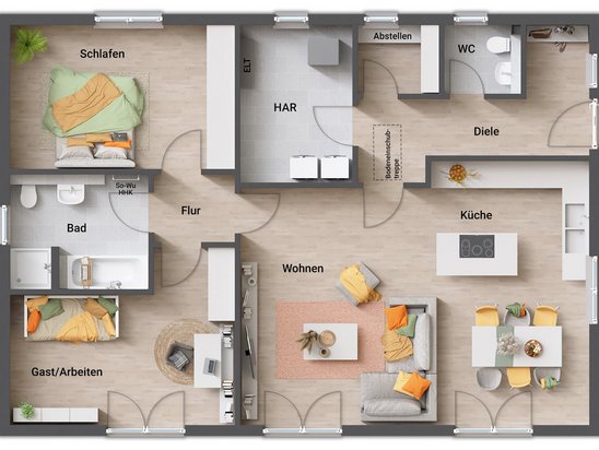 Grundriss des Bungalow 110 mit klarer Raumaufteilung und zwei großzügigen Schlafräumen