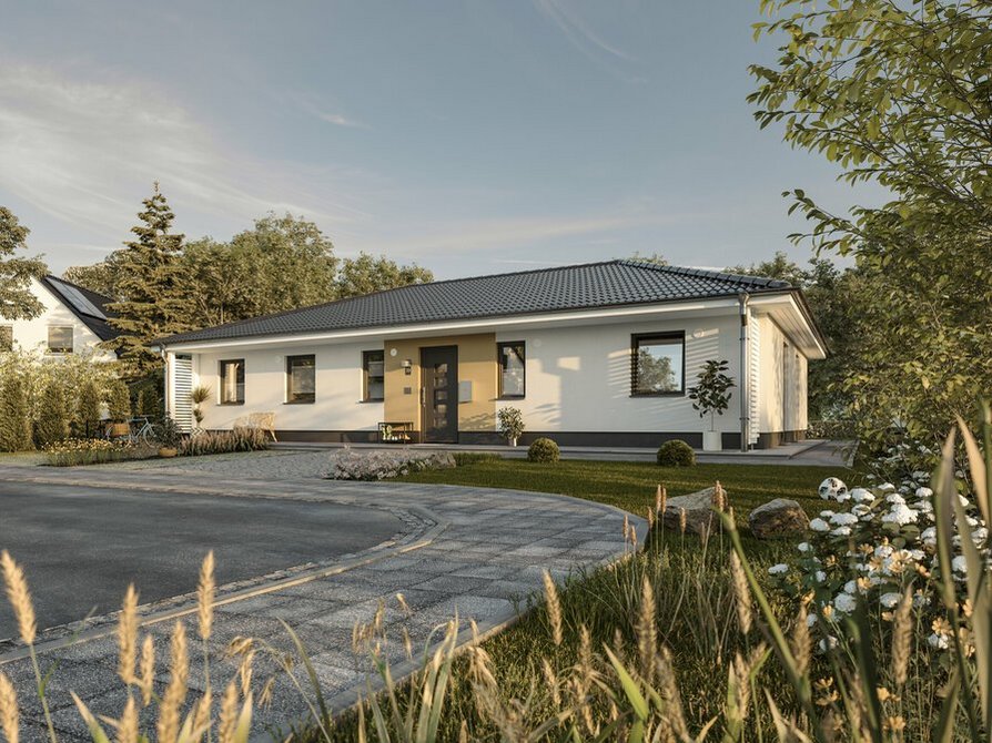 Der Bungalow 131 in Variante Style mit Sicht auf den Eingangsbereich mit Veranda