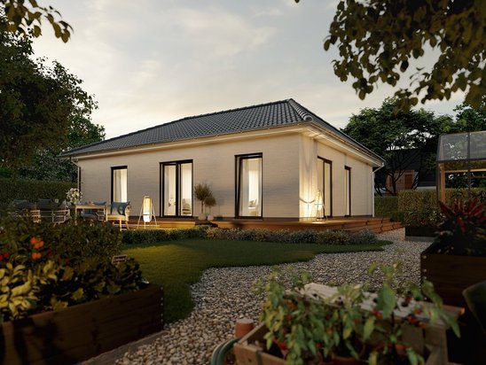 Der Bungalow 92 mit Walmdach und überdachter Terrasse – massives Haus für komfortables Wohnen ohne Stufen